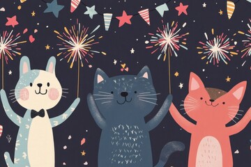 Three Cats Celebrate Fireworks With Festive Decorations