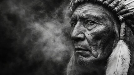 Fototapeta premium Dramatic portrait of a rugged elder with traditional headdress in arizona
