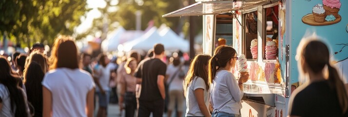 A food truck serving ice cream with a long line of festival attendees - obrazy, fototapety, plakaty