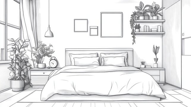 Modern bedroom interior with bedside table and alarm clock in minimalist style