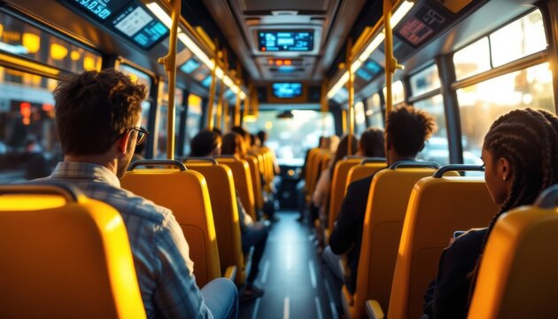 Passengers on a morning bus commute with diverse young adults and mature individuals