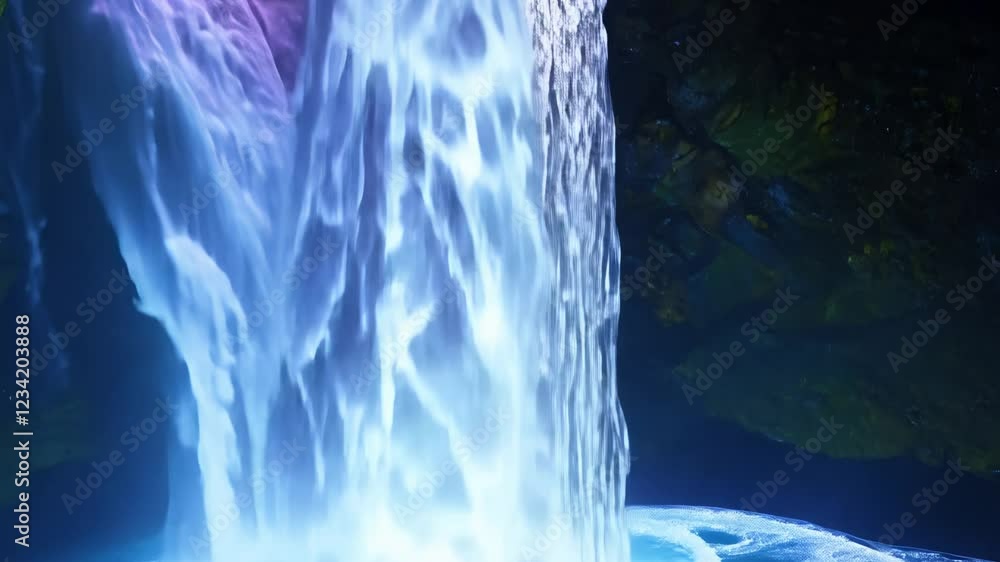 Poster tilt down side lit establishing video of a cascading waterfall of liquid light that emphasizes the f