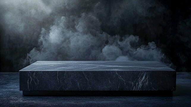 A sleek black stone podium with a refined, subtle texture, set against a dark and misty backdrop, exuding sophistication, minimalism, and timeless elegance