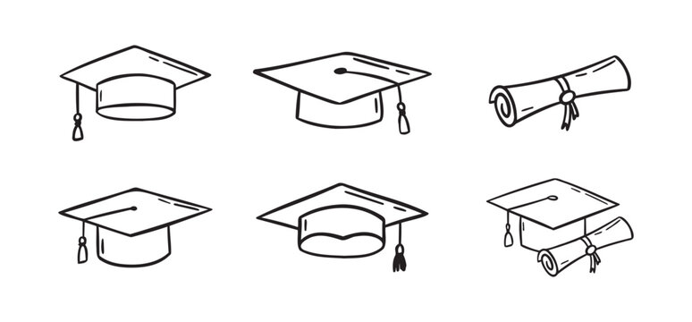 Graduation hat set. Hand drawn doodle Graduation hats sketch line. Education college student success diploma drawing