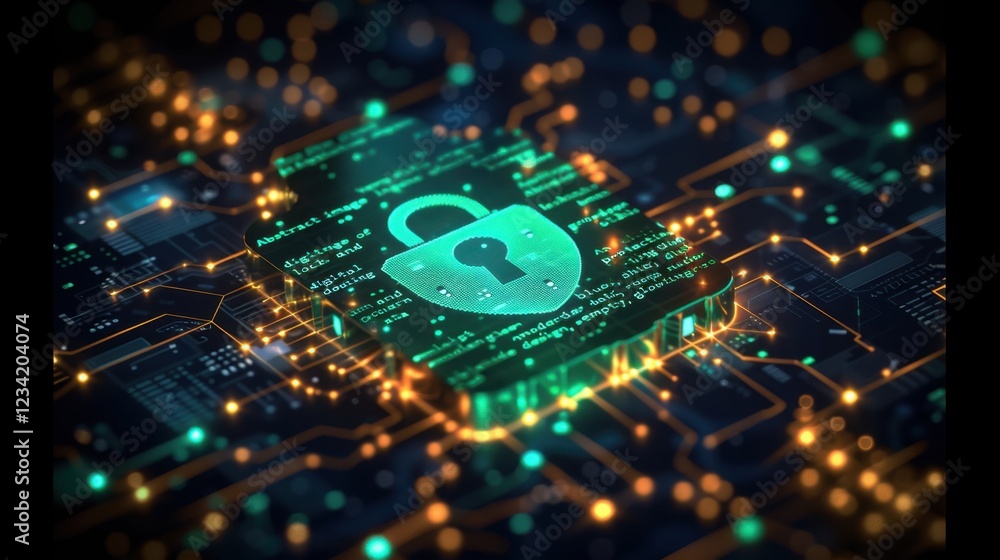 Poster digital cybersecurity lock on circuit board with data encryption and network protection
