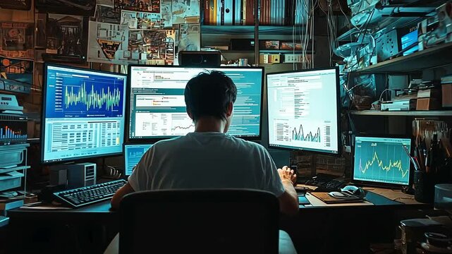 Man analyzing data on triple monitors in cluttered home office