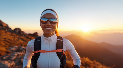 Summit Success:  A determined woman smiles brightly, her sunglasses reflecting the golden rays of the rising sun as she stands on a mountain peak, a testament to her endurance and spirit.  