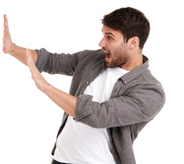 Danger, scared or man with stop hand gesture in studio on white background for bad behaviour. Shocked, refuse or palm for body language with warning, threat or objection in disagreement or conflict