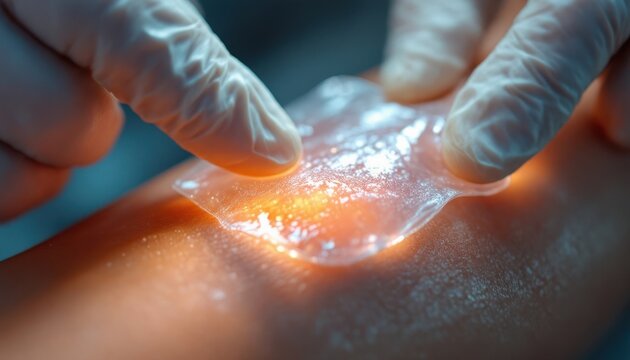 Close-up of applying hydrogel dressing on skin surface for wound care