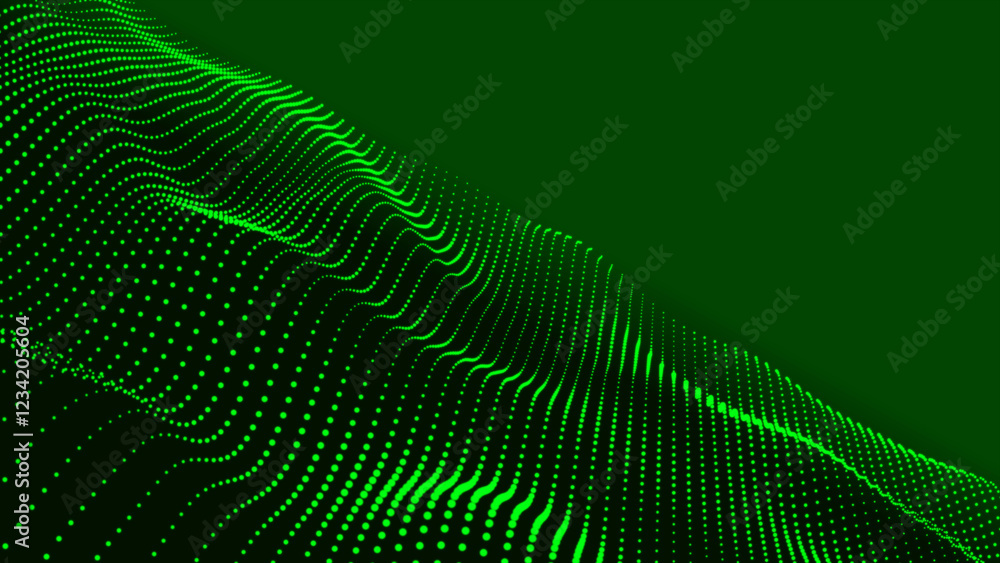 Poster abstract glowing digital cyber visual waves made of green particles and dots move on a green backgro