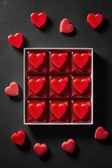 Red marmalade hearts on a black background. Vertical background for Birthday and Valentine's Day.