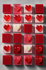 Red marmalade squares and hearts on a gray background. Vertical background for Birthday and Valentine's Day.