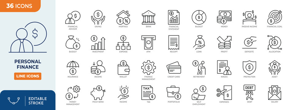 Personal Finance icon set. Containing budget, savings, expense, income, tax, loan, statement, financial management, mortgage and more. Outline Icon Collection. Vector illustration. Editable stroke