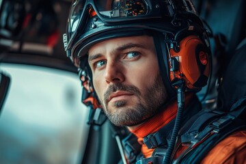 Paramedic wearing helmet and headset inside helicopter during rescue mission