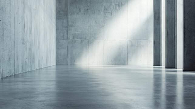 Minimalist concrete interior with sunlight casting shadows on walls and floor
