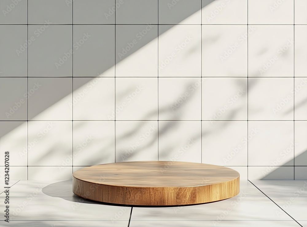 Poster 3d rendering of an empty wooden podium on a white tile wall background for product display presentat
