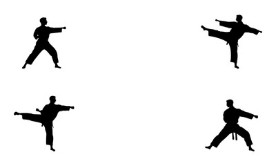 Karate men pose silhouette set in black and white