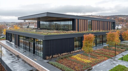 Obraz premium Modern green roof building, autumn landscape, office complex