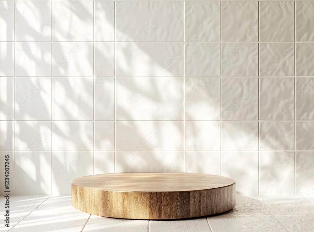 Poster 3d rendering of an empty wooden podium on a white tile wall background for product display presentat