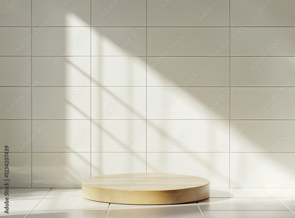 Poster 3d rendering of an empty wooden podium on a white tile wall background for product display presentat