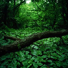 Fototapeta premium Dark Green Forest with Fallen Log