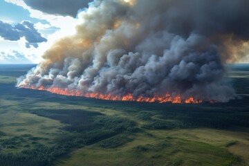 Wildfire burning across forest creating huge clouds of smoke
