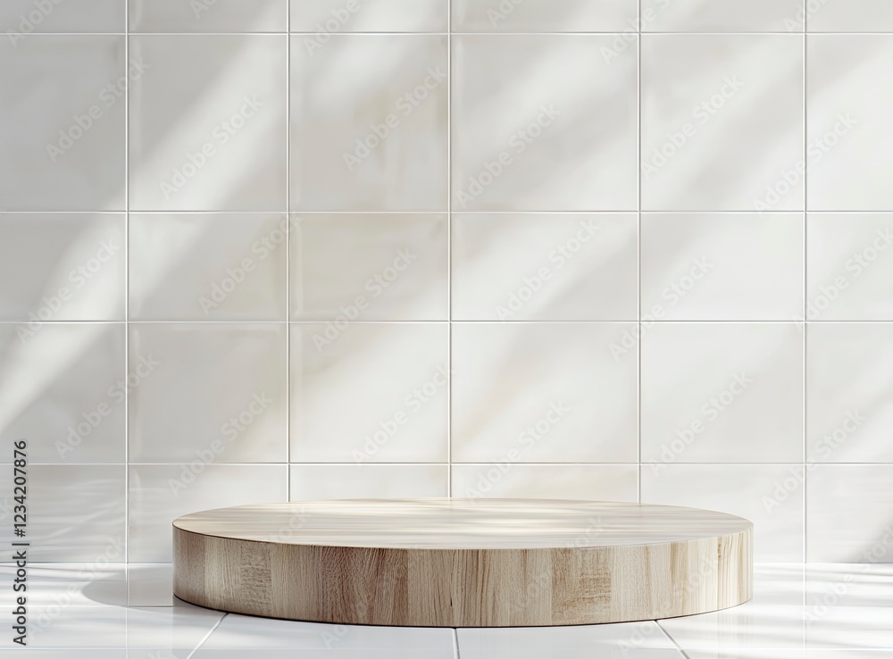 Poster 3d rendering of an empty wooden podium on a white tile wall background for product display presentat