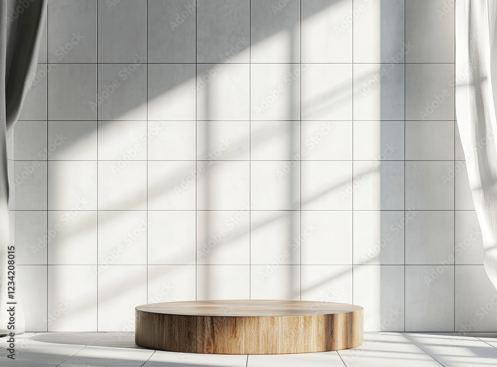 Poster 3d rendering of an empty wooden podium on a white tile wall background for product display presentat