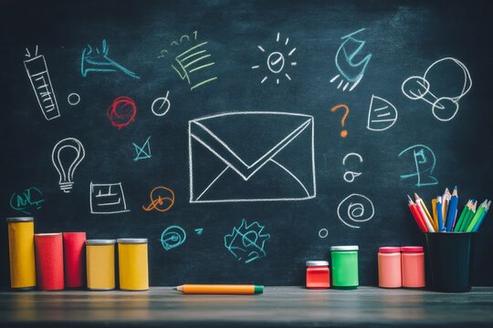 Email marketing concept drawn on blackboard with colorful pencils and paint cans
