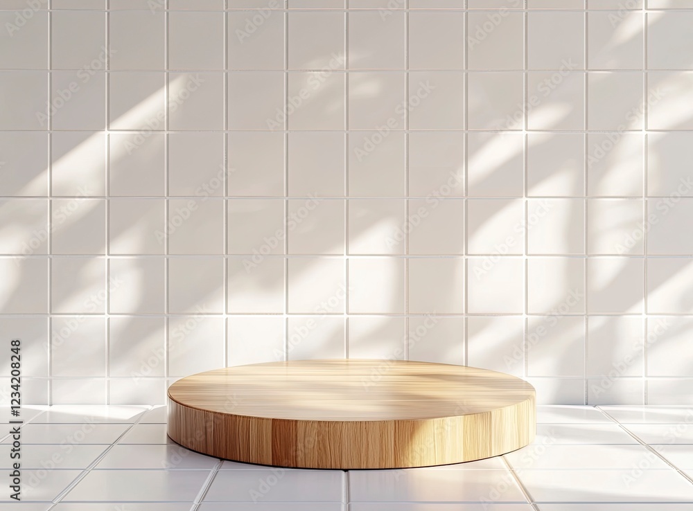 Poster 3d rendering of an empty wooden podium on a white tile wall background for product display presentat