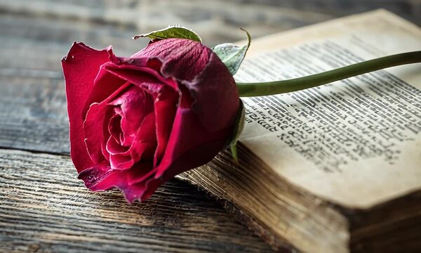 Red rose on antique book, wooden table, romantic setting, love, literature