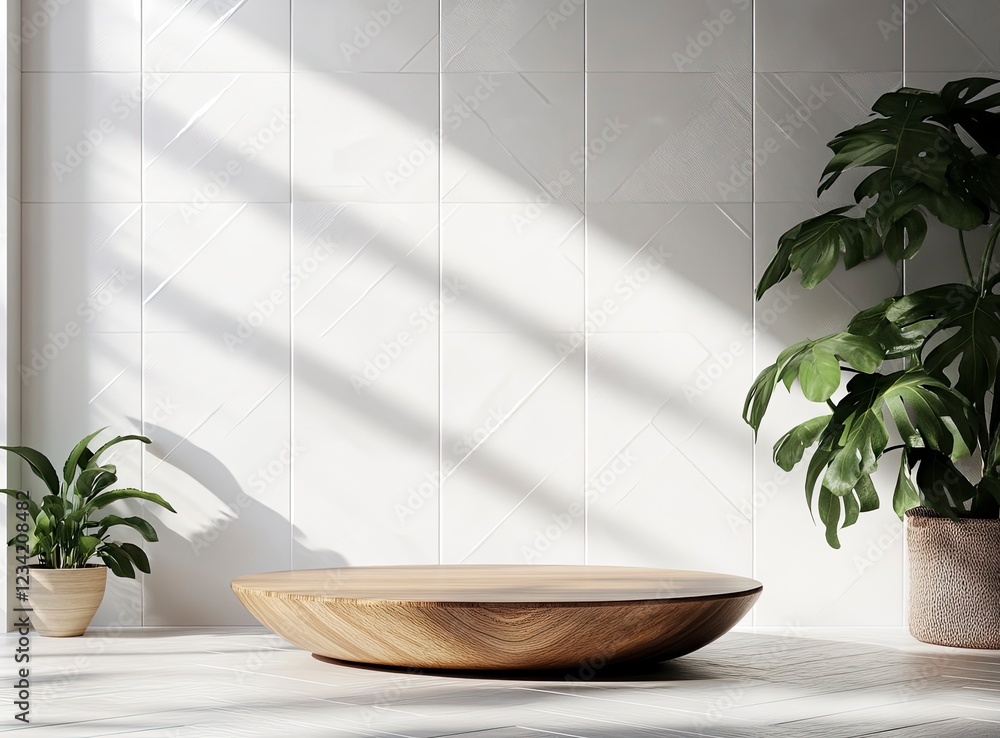 Poster 3d rendering of an empty wooden podium on a white tile wall background for product display presentat