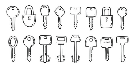 Sketch hand drawn doodle key icon set. Vintage locks and keys. Outline decor security elements collection.