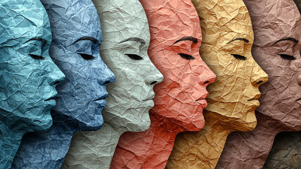 Diverse Faces Crumpled Paper Texture Art Humanity Identity Portrait