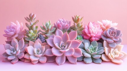 Obraz premium Succulent plants arrangement on pastel colored background. Potted succulent house plants. Flat lay, top view, copy space