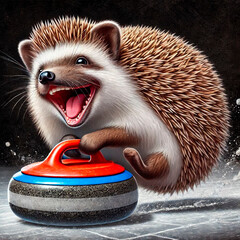 Hedgehog curling player on black background.