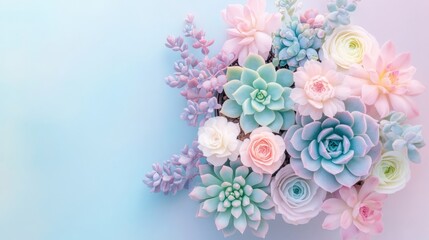 Succulent plants arrangement on pastel colored background. Potted succulent house plants. Flat lay, top view, copy space