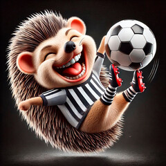Hedgehog soccer player with a ball on a black background.