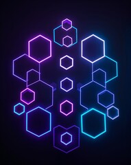 A neon purple to neon blue hexagon light pattern on black background