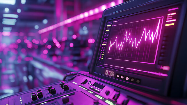 Pink and Purple Neon Lit Computer Screen Showing Data Graph in Futuristic Setting