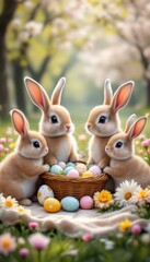 Four adorable bunnies with easter eggs in sunny meadow