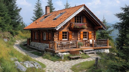 Mountain cabin, stone path, alpine scenery, hiking trail
