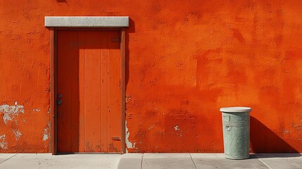 Orange Wall Door And Trash Can Outdoor Scene