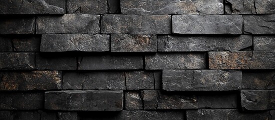 Naklejka premium Textured black stone wall with layered uneven stones creating a rustic appearance