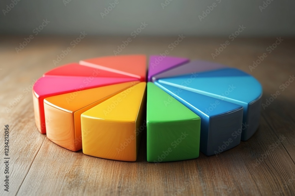Poster colorful geometric shapes arranged in a circular pattern on a wooden surface during bright daylight