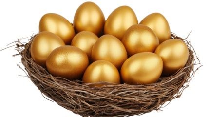 Golden eggs nest representing savings, investment, and retirement planning with transparent background