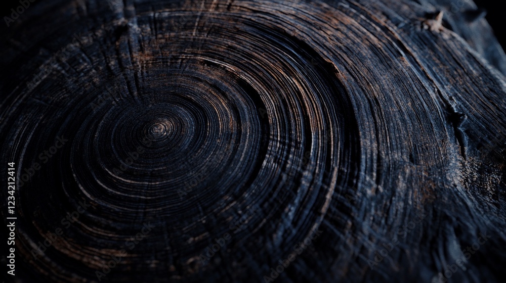 Poster close-up view of a dark textured wood grain pattern with concentric circles