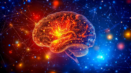 Fototapeta premium Big data and artificial intelligence concept. Human brain glowing from processor, symbolizing the fusion of human intelligence and machine learning capabilities.