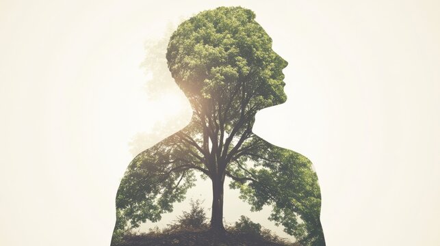 Minimalist double exposure of human figure with tree symbolizing growth