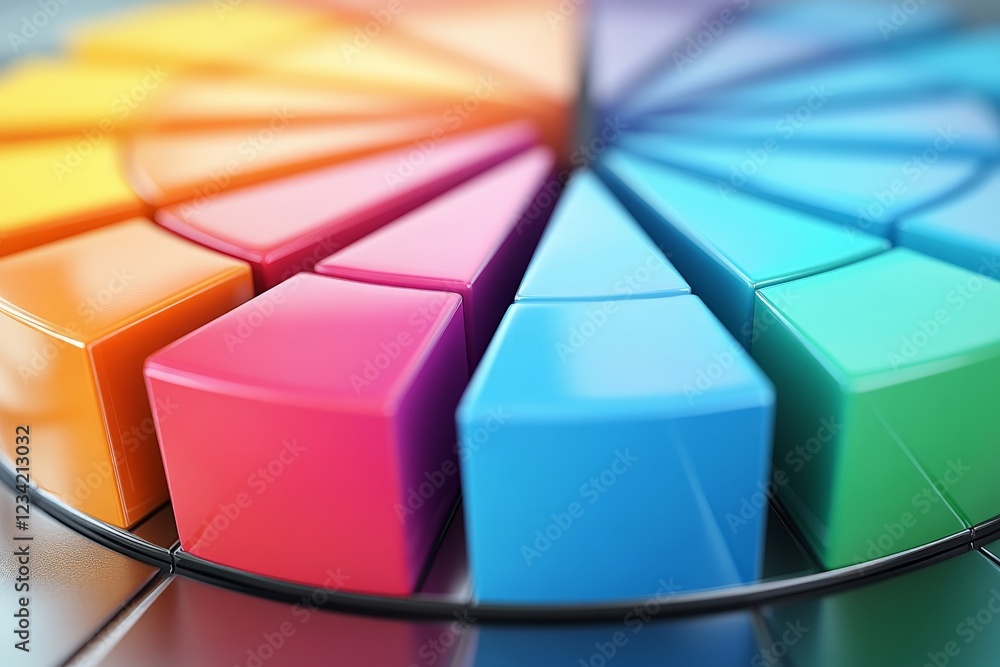 Poster Colorful geometric shapes arranged in a circular pattern showcasing vibrant hues in a creative design setup